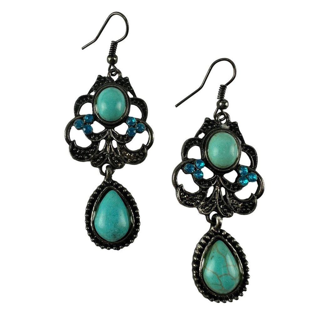 Imitation Turquoise Dangle Earrings Dark Silver Tone with Blue Crystals